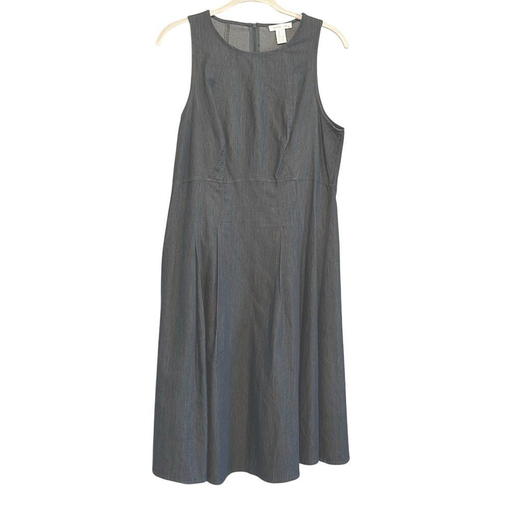 London Times Gray Denim Look Sleeveless Fit and Flare Midi Dress Womens Size 10